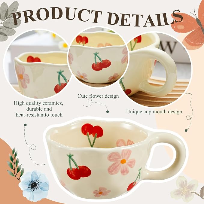 Vesici 2 Pcs Ceramic Coffee Mugs with Spoon, Vintage Floral Spring Mugs with Handle, 8.5 oz Aesthetic Flower Porcelain Tea Cup Set, Dishwasher & Microwave Safe Mothers Day Gifts for Mom(Cherry) - Image 3