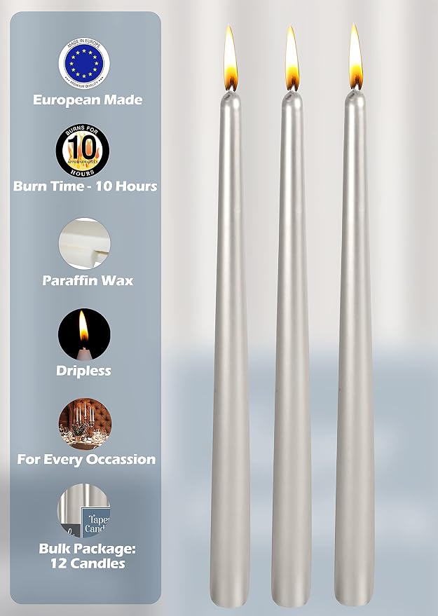 Hyoola Tall Taper Candles - 12 Inch - Metallic Titan - Dripless - 12 Pack - 10 Hour Burn Time - Image 4