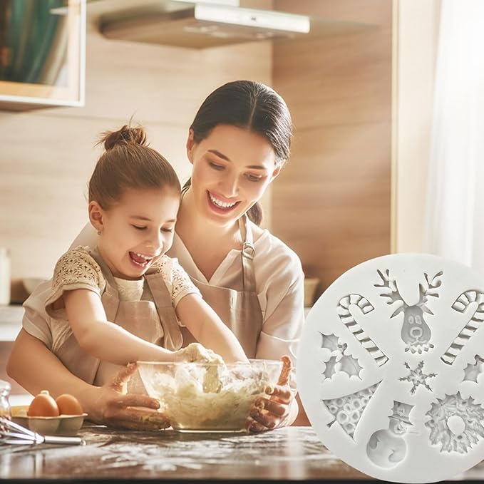 1 Pcs Christmas Silicone Baking Molds 3D Chocolate Candy Molds Snowman Elk Crutch Gingerbread Snowflake Shape Design Mold for Cake Toppers Fondant Ice Cubes Jello DIY Cake Candles Cake Decoration