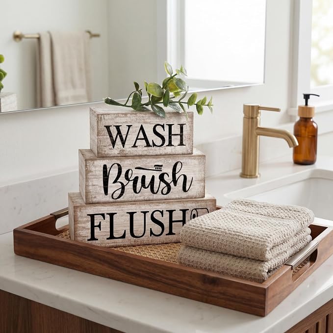 Moucuny 4 Pcs Farmhouse Bathroom Decor and Accessories Rustic Bathroom Shelf Decor Sign Set "wash/brush/flush" Farmhouse Eucalyptus Leaves Wood Block Signs for Toilet Vanity Countertop Home Decoration - Image 5
