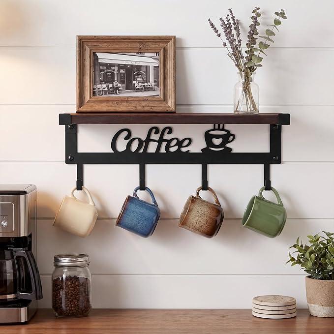 Wenqik Wall Mounted Coffee Mug Holder Black Metal and Wood with 4 Hooks Coffee Cup Holder Wall Mounted Mug Rack with Storage Shelf for Kitchen Office Farmhouse Home Decoration - Image 5