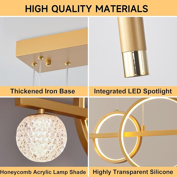 ORANOOR LED Gold Chandeliers, 47in Dimmable Modern Chandelier Pendant Light | Linear Ring Globe Pendant Lights Fixtures Gold Dining Room Light Fixture Ceiling Hanging for Kitchen Island Dining Room - Image 4