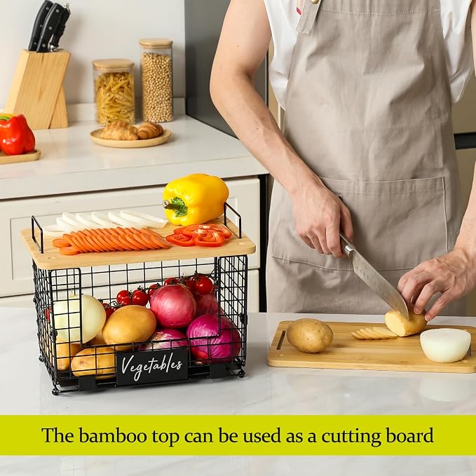 2 Set XL Stackable Wire Basket with Bamboo Tops & Tags- Pantry Organizer and Storage Bins, Kitchen Counter Cabinet Shelf Countertop Under Sink Organizing, Food Snack Produce Onion Potato Bread Storage - Image 4