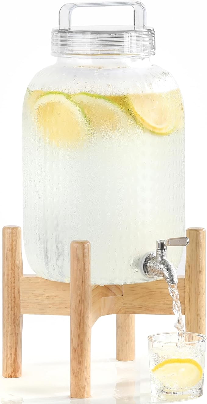 EGGKITPO 2.2 Gallon Drink Dispensers with 304 Stainless Steel Spigot for Parties Lemonade Dispenser with Wood Bracket Clear Cover Polycarbonate Beverage Dispenser for Home Use and Laundry Room