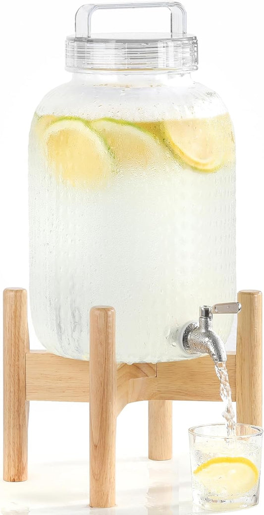 EGGKITPO 2.2 Gallon Drink Dispensers with 304 Stainless Steel Spigot for Parties Lemonade Dispenser with Wood Bracket Clear Cover Polycarbonate Beverage Dispenser for Home Use and Laundry Room