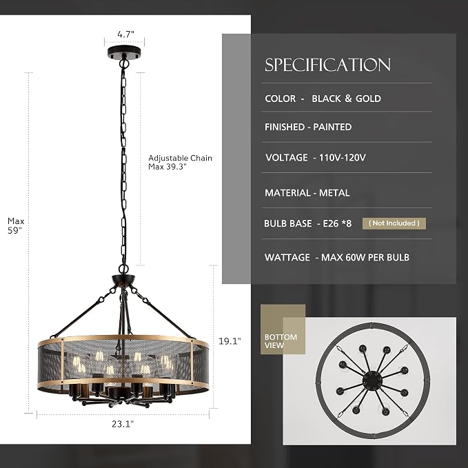 Modern 23" Large Black Gold Mesh Drum Chandelier for Dining Room Industrial Retro Semi Flush Mount 4-Light Round Ceiling Light Fixtures for Kitchen Bedroom Living Room Hallway Entryway Foyer - Image 2