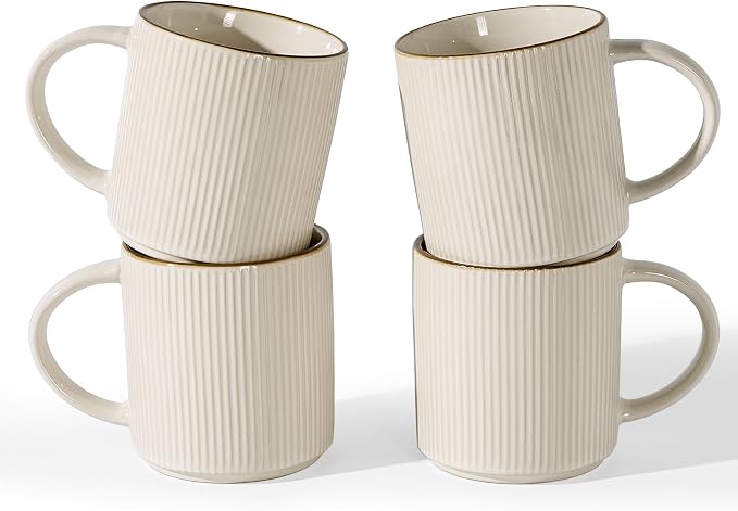 famiware Coffee Mug Set for 4, Star 16 oz Catering Mugs Cup Set with Handle for Coffee, Tea, Cocoa, Milk - Ceramic Stoneware Drinkware Set, White by Famiware
