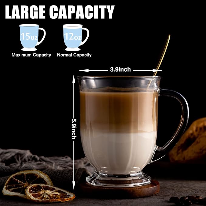Glass Mug Set of 8, 15 oz Large Capacity Coffee Mugs with Handles, Clear, with 8 Spoons; Ideal for Latte, Espresso, Juice, Tea - Image 2