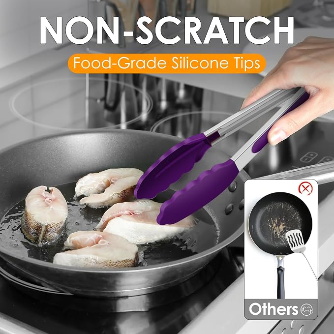 HOTEC Premium Stainless Steel Locking Kitchen Tongs with Silicon Tips, Set of 3-7", 9" and 12" (Purple) - Image 3