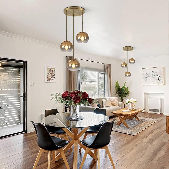 KCO Lighting 3 Light Globe Cluster Pendant Light Modern Glass Cluster Chandelier Gold Glass Pendant Light Fixture Mid Century Dining Room Chandelier Multi Pendant Light Fixture - Image 7