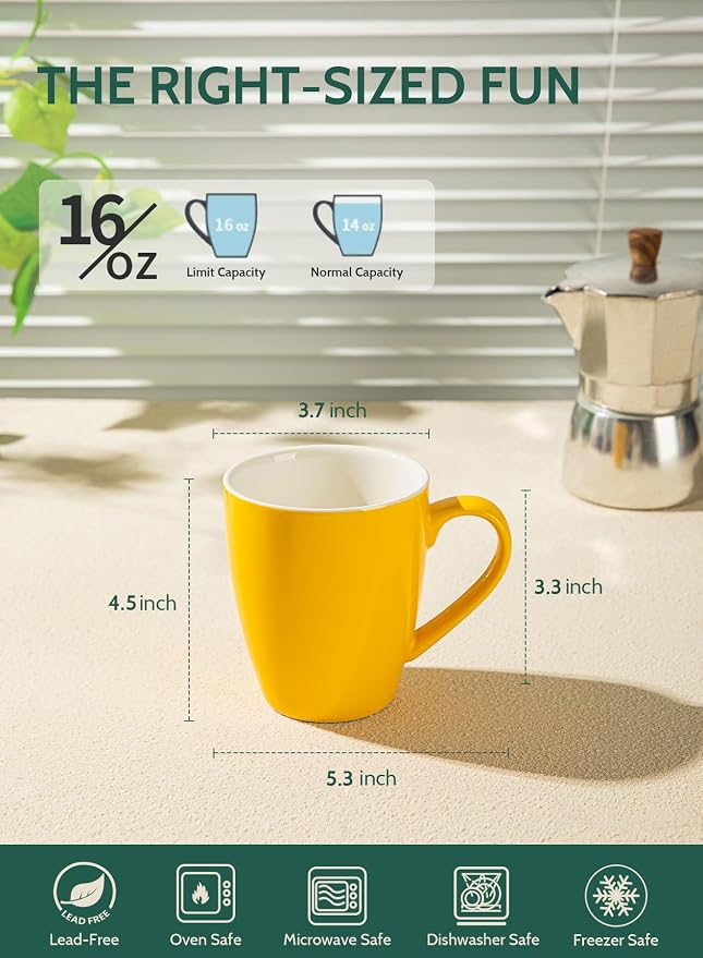 Sweese Porcelain Coffee Mugs - 16 Ounce (Top to the Rim) for Coffee, Latte, Tea, Cocoa, Set of 4, Yellow - Image 2