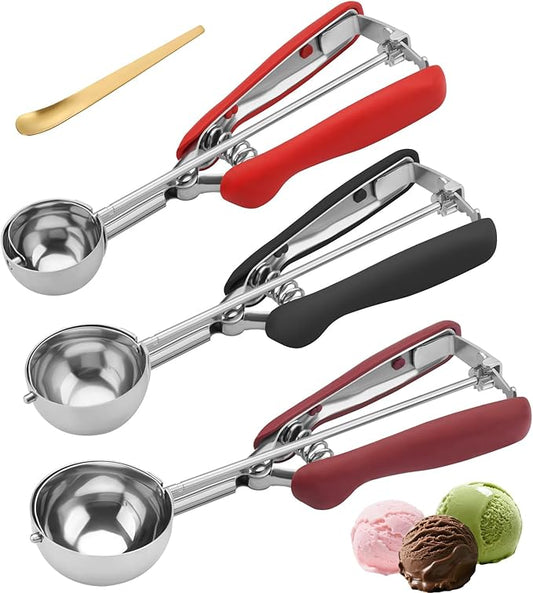 Cookie Scoops for Baking Set of 3, 18/8 Stainless Steel Ice Cream Scoop, 1 Tbsp/2 Tbsp/3 Tbsp Cookie Dough Scoop, Red/Black/Burgundy Non-slip Grip, for Cookie Cupcake Muffin Ice Cream