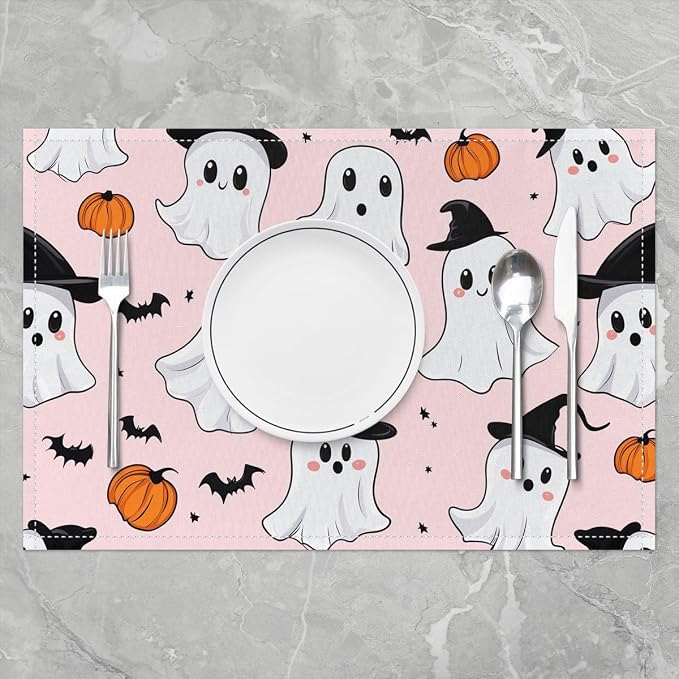 Feelyou Happy Halloween Placemats Set of 4 Cute Ghost Pumpkin Table Mats Light Pink White Place Mat for Kitchen Dining Table Party Decor Indoor Outdoor 18"x12" Non-Slip Easy to Clean Bats Pattern - Image 2