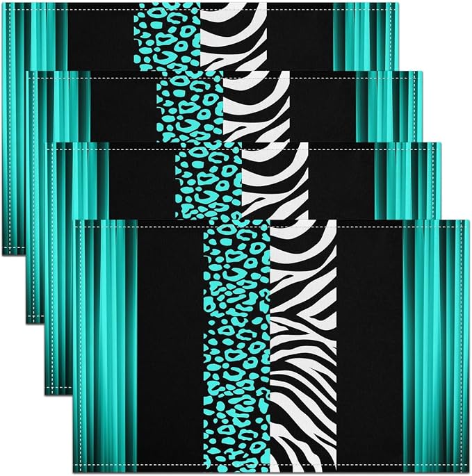 Feelyou Kids Leopard Zebra Placemats Set of 4 18"x12" Ombre Teal Black Table Place Mats, Set for Decor Cheetah Placemat for Kitchen Dining Table Decor Indoor Outdoor Animal Print by Feelyou