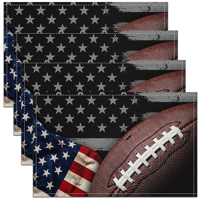 Feelyou Football Placemats Set of 4 12x18 Inch American Flag Table Mats for Party Kitchen Dining Decoration Holiday Seasonal Patriotic Rugby Place Mat for Dinner Table Indoor Outdoor Easy to Clean by Feelyou