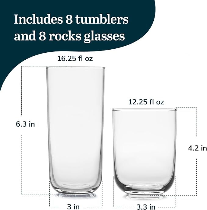 Polaris Axis Tumbler & Rocks Drinking Glasses Set of 16, Glass Cups | 17.75 oz and 15 oz Capacities for Water, Juice, Cocktails, and More with Dishwasher-Safe Convenience for Easy Cleanup - Image 3
