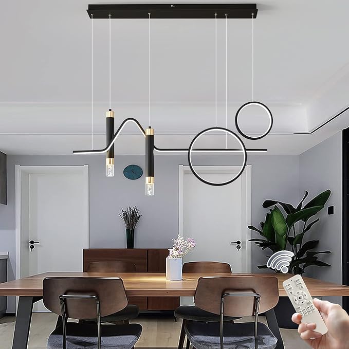 Siittoo 37" Modern LED Pendant Light, Dimmable Linear Chandelier Black | 45W LED with Remote, 3000K-6000K, Adjustable Hanging Light for Kitchen Island, Dining Room & Living Room by Siittoo