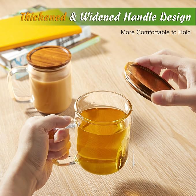DRASTAR Glass Coffee Cups,12 oz Clear Coffee Mugs with Acacia Wood Lid,Flat Bottomed Coffee Mug with Handles,Tea Cup Set of 2 - Image 6