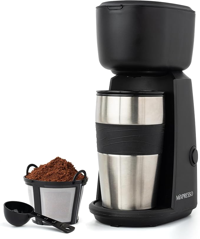 Mixpresso Single Serve & Single Cup Coffee Maker with 14oz Travel Mug Black | For ground coffee only, reusable filter, auto shut off. Compact personal drip coffee maker, not compatible with K-Cup pods. by Mixpresso