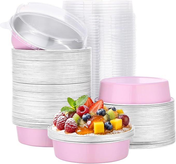 Beasea Aluminum Cupcake Pans With Lids, 100 Pack 7.3oz Disposable Pie Pans For Cake, 4 Inch Aluminum Pie Tart Baking Cups Tins Round Oven Mini Cake Pan For Tart Quiche Dessert - Pastel Pink by Beasea