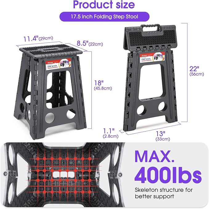 ACSTEP 17.5 Inch Heavy Duty Folding Step Stool, 400 lbs, Dot Grey | Collapsible Stepping Stool for Adults with Handle and Non-Slip Surface, for Kitchen, Garage, Bedroom and Outdoor Tasks - Image 2