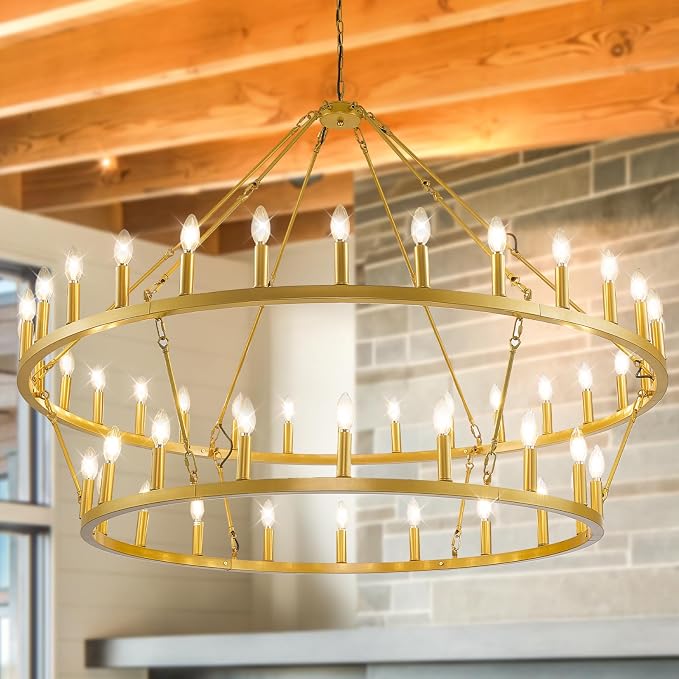 55 Inch Gold Wagon Wheel Chandelier,2 Tier 48-Lights Farmhouse Chandelier for Living Room,Round Rustic Dining Room Light Fixture,Extra Large Foyer Chandeliers for High Ceilings,for Staircase,Entryway - Image 9