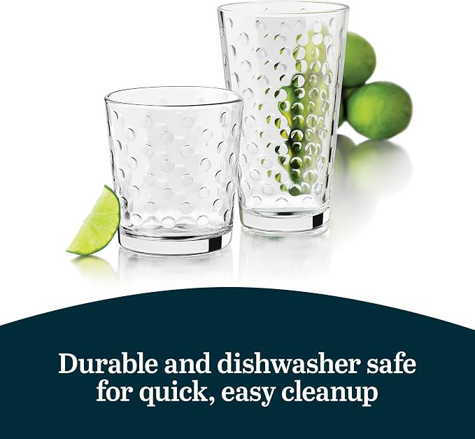 Libbey Awa Polka Dot Tumbler & Rocks Drinking Glasses Set of 16, Glass Cups | 16 oz and 13 oz Capacity Vintage-Inspired Polka Dot Texture for Water, Juice, Cocktails & More, Dishwasher Safe Cleanup - Image 5
