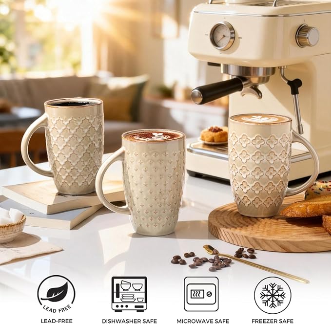 AmorArc Large Coffee Mugs Set of 6, 20oz Tall Coffee Mugs Set | with Texture Patterns for Cappuccino, Latte,Hot Cocoa, Dishwasher & Microwave Safe-Pale Khaki - Image 4