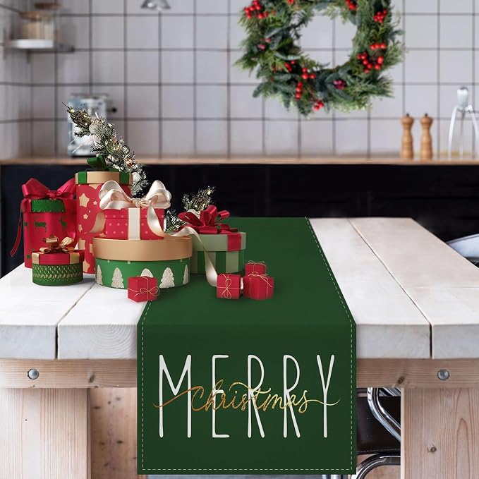 ONWAY Merry Christmas Gold Table Runner Winter Xmas Holiday Kitchen Dining Farmhouse Table Decor for Indoor Outdoor Home Party Decorations 13x72 Inch Green - Image 2