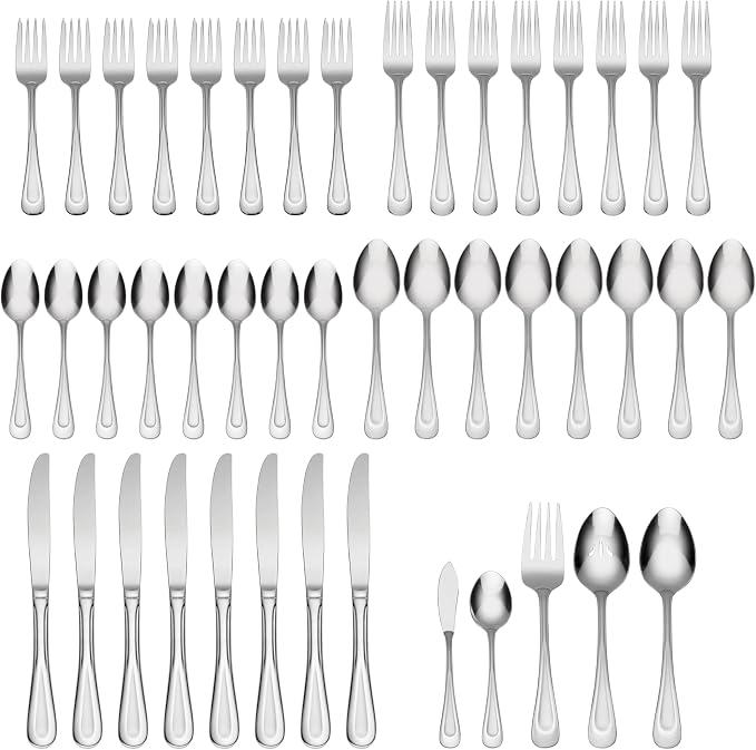 Oneida Silverware Set For 8, Satin Sand Dune 45-Piece Everyday Flatware Set with Serving Utensils,Service For 8, 18/0 Stainless Steel Silverware, Knives Spoons and Forks (Silver, 45 Piece) (Pack of 3) - Image 2