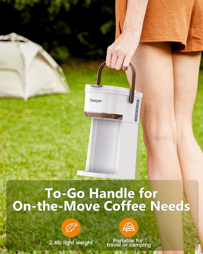 Tastyle Mini Single Serve Coffee Maker for K Cups and Grounds with Handle | for Travel, Camping, Office, RV and Dorm, Portable Handle,120V, 6 to 12 Oz Brew Size, BPA Free, K302, White and Brown - Image 5
