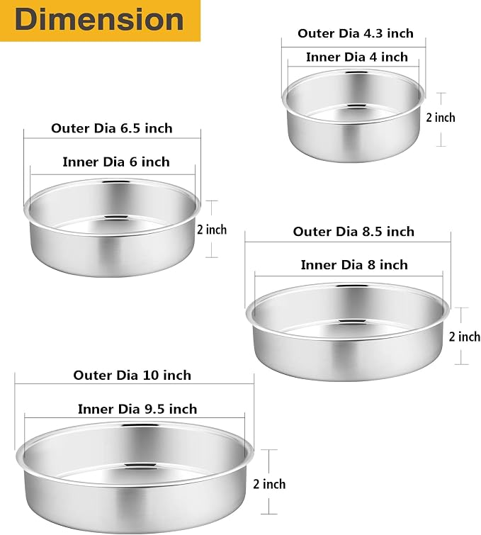 P&P CHEF Cake Pan Set for Baking, 4" + 6" + 8" + 9.5" Round Cake Pans Tins | 4 Pieces & 4 Sizes, Premium Stainless Steel, Ideal for Layer Tier Cakes in Birthday Wedding, Oven & Pot & Dishwasher Safe - Image 6