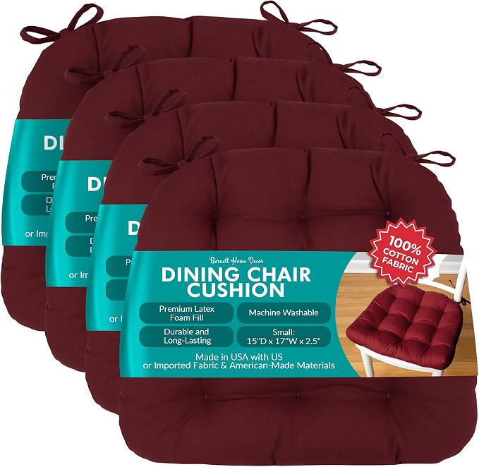 Barnett Home Decor Chair Cushions for Dining Chairs - 15x17 Kitchen Chair Cushions - Machine Washable, 100% Cotton, Made in USA - Latex Foam Comfort Chair Pads - Cotton Duck Wine Red Small Pack of 4 by BarnettHomeDecor