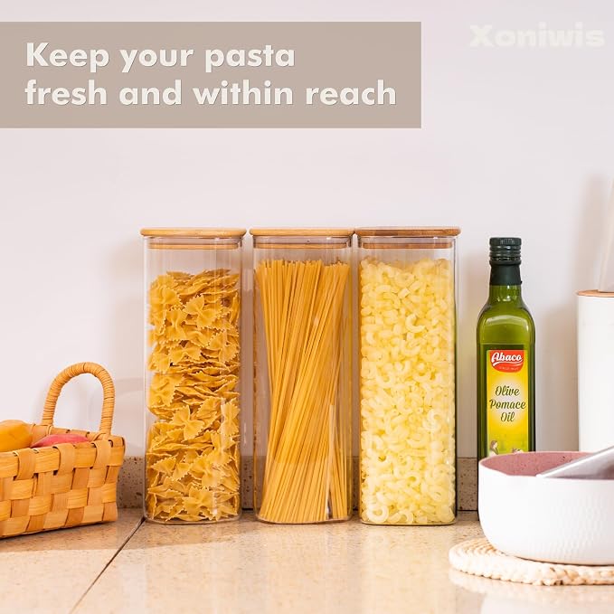 3-Pack 2.2Qt Square Glass Spaghetti Jars with Bamboo Lids | Minimalist Kitchen Organizer,Scandinavian Style Storage,Nordic Style Storage,Food Storage Canister for Pasta, Penne, Macaroni - Image 4