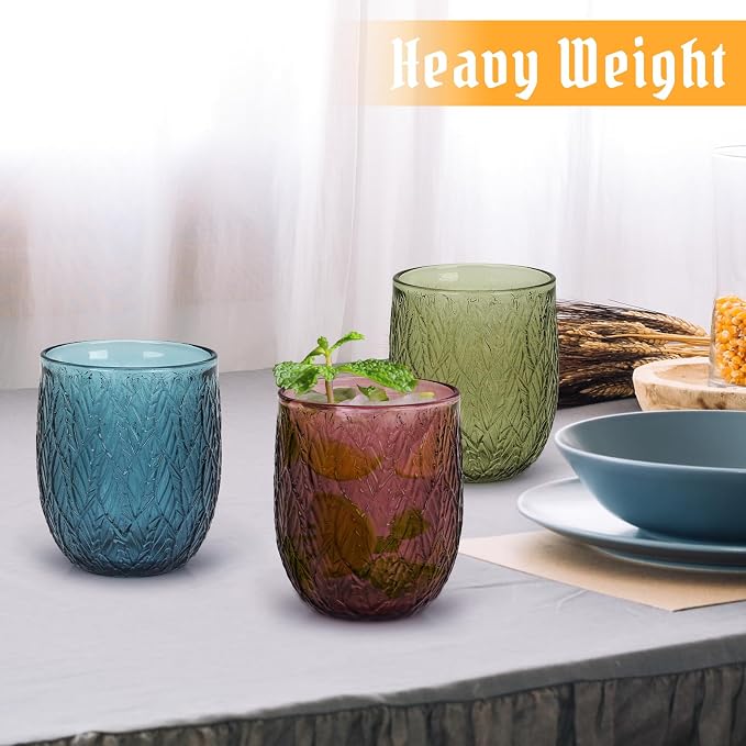 Topsky Vintage Drinking Glass Set of 4,12 oz Embossed Willow Leaf Drinkware Set,Colorful Drinking Glasses Cups Wine Glasses Colored Glassware for Whisky,Beer,Juice,Cocktail,Heavy Duty - Image 8