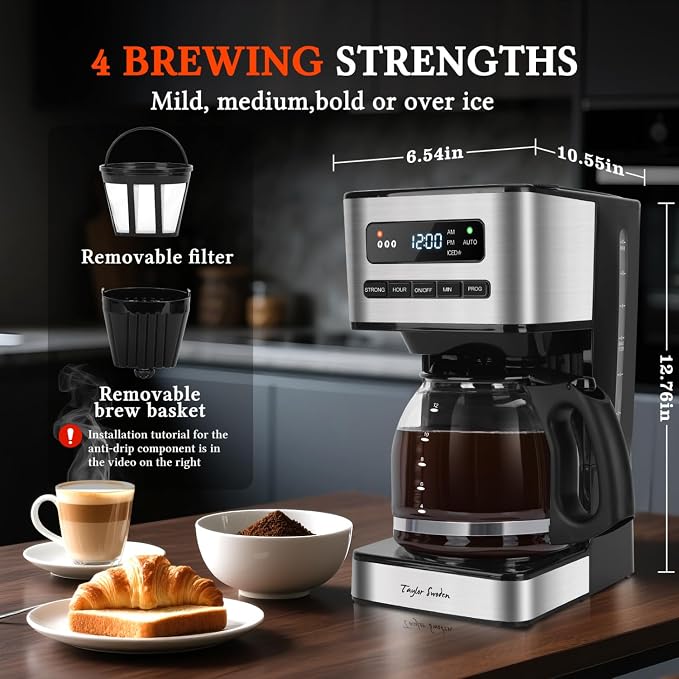 Taylor Swoden Programmable Coffee Maker 12 Cup, Black & Stainless Steel | Hot and Iced Coffee Maker, 4 Brew Strength, LED Display, 24H Timer, Keep Warm&Auto Shutoff- Drip Coffee Machine for Home - Image 5