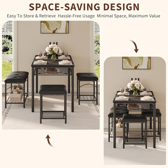 GarveeHome Dining Table Set for 4 with Upholstered Benches and 2 Stools, Modern Space Saving Kitchen Breakfast Table, Ideal for Small Kitchens, Apartments, Studios, and Compact Living Spaces - Image 8