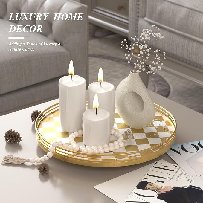 AMH 13-Inch Gold and White Checkerboard Lazy Susan with Rubberwood Base | Smooth rotating oak tray with walnut finish for dining tables, kitchen counters, pantries and cabinet storage. - Image 3