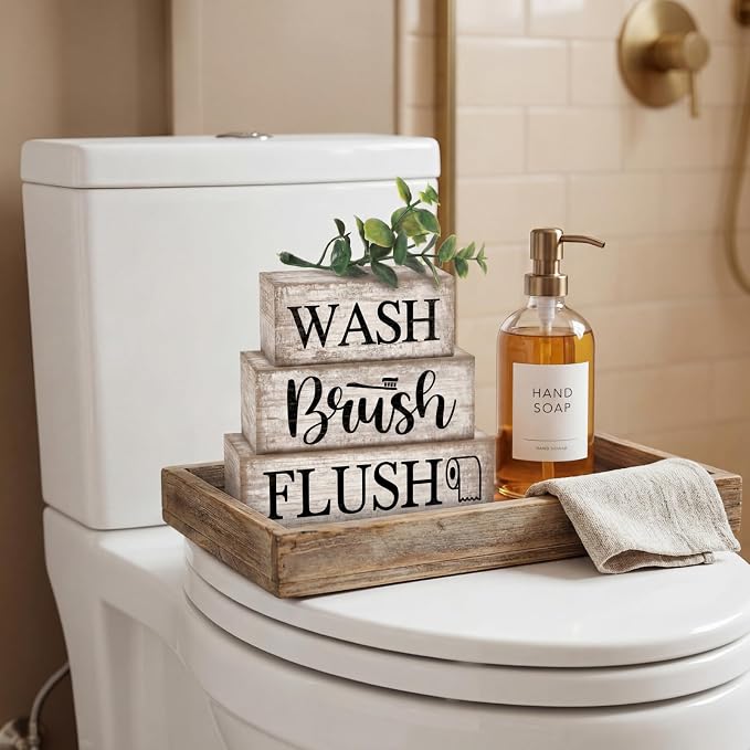Moucuny 4 Pcs Farmhouse Bathroom Decor and Accessories Rustic Bathroom Shelf Decor Sign Set "wash/brush/flush" Farmhouse Eucalyptus Leaves Wood Block Signs for Toilet Vanity Countertop Home Decoration - Image 4