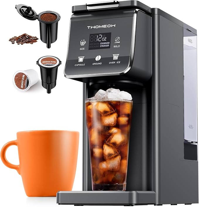 K Cup Coffee Maker With Bold Setting, Single Serve Hot & Iced Coffee Maker for K-Cup and Grounds, 52 Oz Removable Water Tank, 6 to 14oz Brew Size, Pod Coffee Machine With Reusable Filter, Gray by TWOMEOW