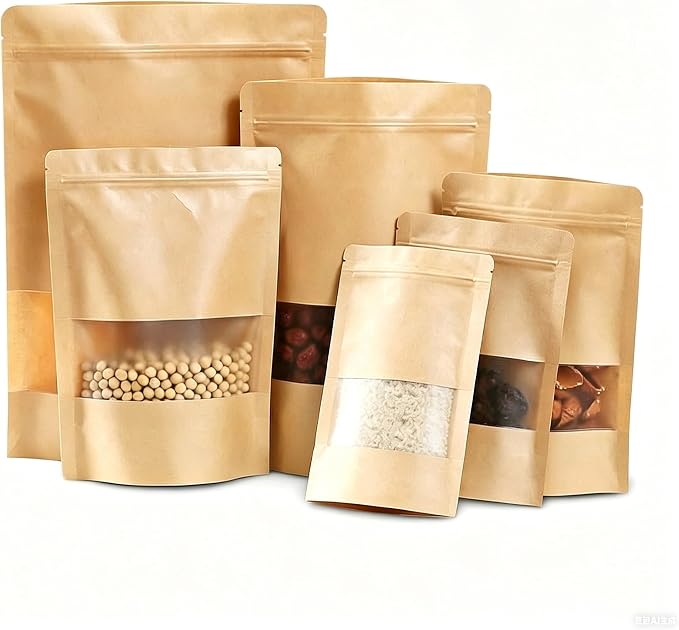 50 Pcs Resealable Bags for Small Business, Out Size 7.1"x10.2" Kraft | Sealable & Heat Sealable Paper Bags with Window, Stand Up Pounches Treat Bags For Packaging, Coffee Beans, Retail Display - Image 4