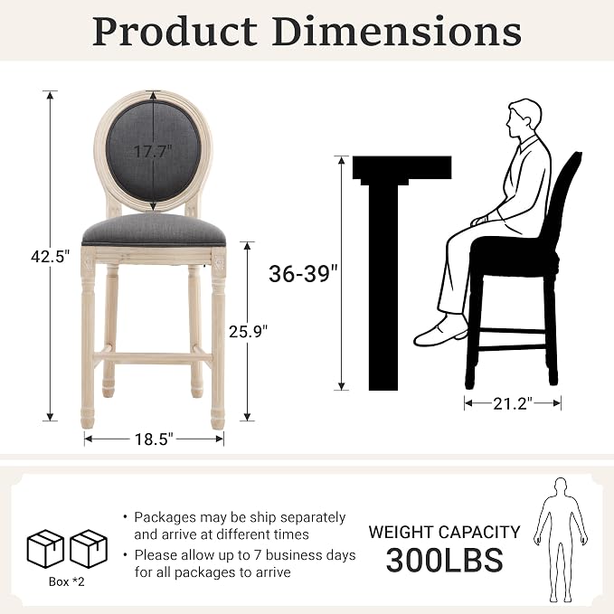 French Country Barstool, Linen Farmhouse Counter Height Chair | Set of 4, with Cushion Round Back and Solid Wood Legs, Oval Chairs for Restaurant, Bar, Kitchen, Café, Dark Grey - Image 3