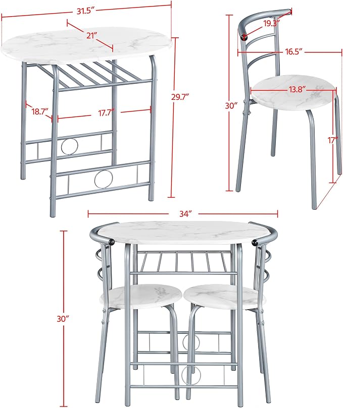 Yaheetech 3-Piece Dining Table Set, Breakfast Bistro Table Set for 2, Small Kitchen and Table Chairs Set of 2 with Metal Frame and Storage Rack for Small Space/Apartment/Dorm Room, White - Image 3