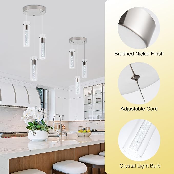 Pendant Light Kitchen Island with Remote Control, Dimmable & Adjustable Color Temperature 3000K/4000K/6000K, Modern Brushed Nickel & Clear Glass Lighting Fixture for Dining Room - Image 3