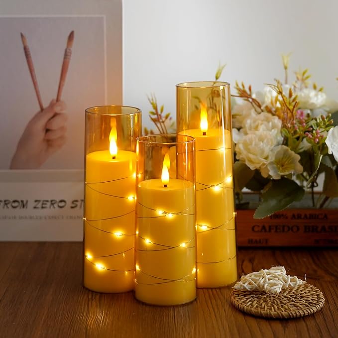 Flameless Candles,with Embedded Star String, Battery Operated Candles Flickering LED Pillar Candles with Remote Control and Timer, Home Decoration Add a Warm and Romantic Atmosphere，Set of 7 (Gold) - Image 2