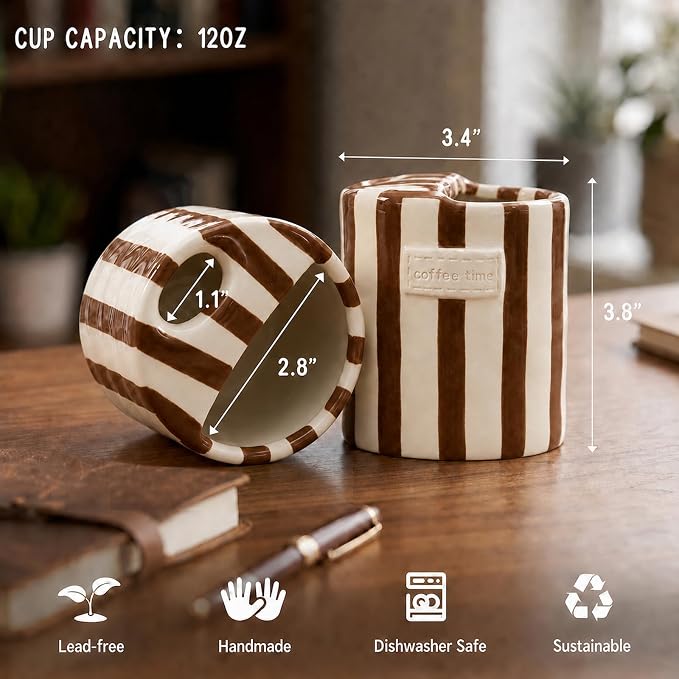 Ceramic Coffee Mug with Half Lid, 12oz Handmade Retro Striped Travel Mug, Minimalist To Go Coffee Cup for Home Office, Reusable Pottery Tumbler, Brown - Image 6