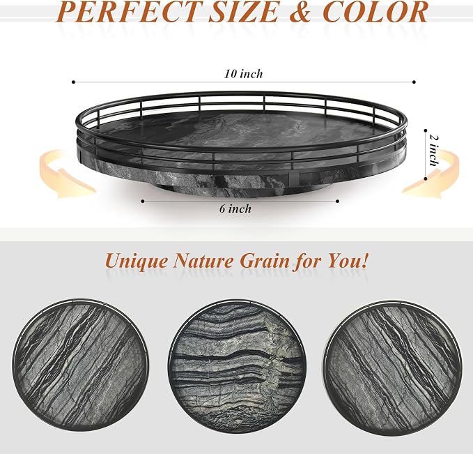 AMH 10-Inch Ancient Wood-Grain Marble Lazy Susan with Black Iron Frame | Smooth rotating oak tray with walnut finish for dining tables, kitchen counters, pantries and cabinet storage. - Image 3