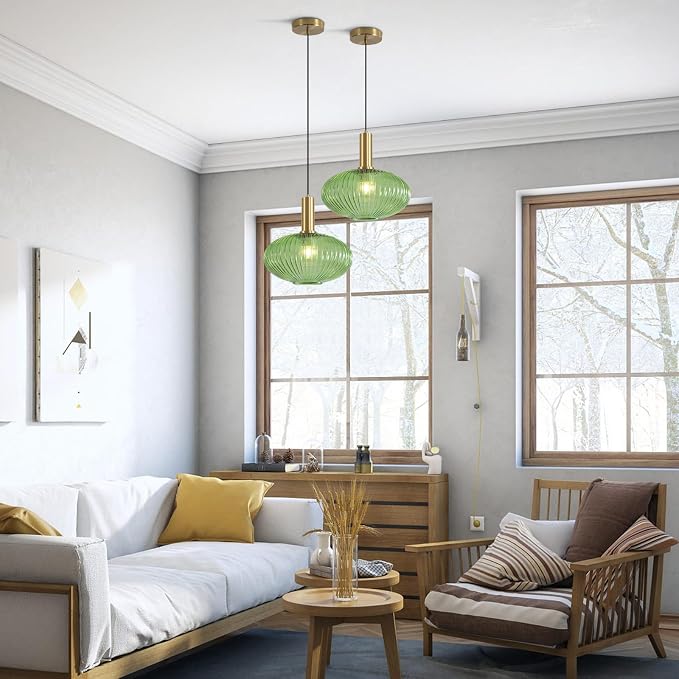 KCO Gold Brass 11.8” Large Vintage Green Ribbed Fluted Glass Pendant Light | E26 Adjustable Lantern Hanging Light for Sloped Ceiling Mid Century Modern Ceiling Light for Kitchen Island Sink Dining Room - Image 7