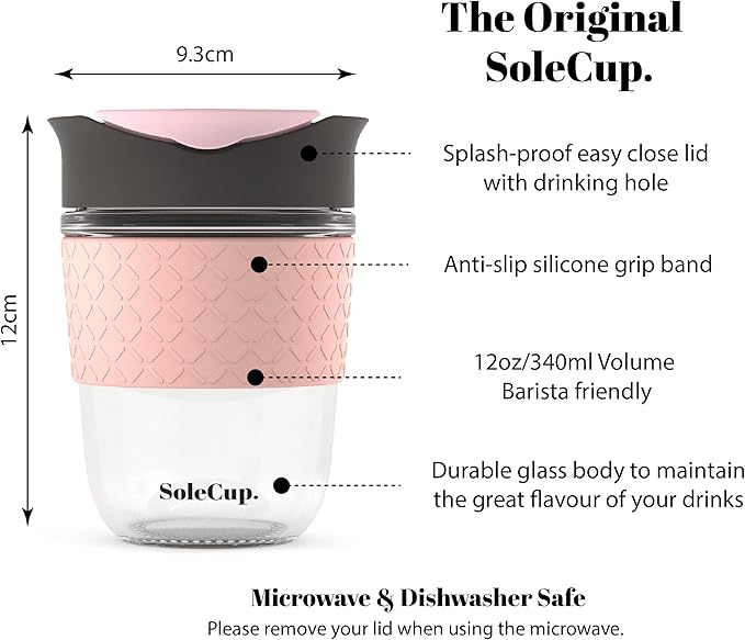 Reusable Strengthened Glass Travel Cup - Spill Proof Insulated Coffee Mug - 12oz/340ml BPA-Free Hot Drink Travel Mug with Lid & Silicone Band (Gray and Pink, 12oz)