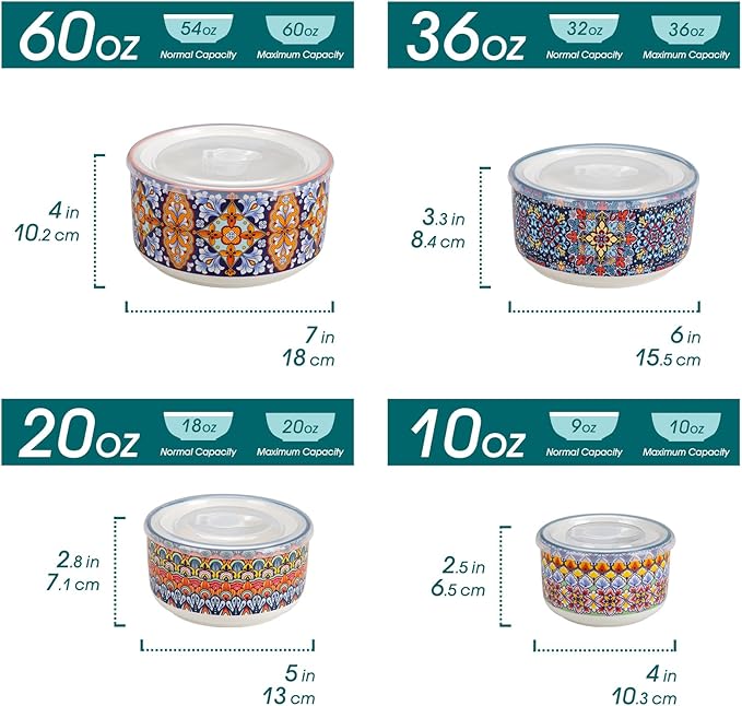 vancasso SIMI Serving Bowls with Lids, Ceramic Mixing Bowls Set of 4, Boho | Nesting Bowls for Food Storage, Prep, Stackable Bohemian Bowls, Dishwasher & Microwave Safe Gift Set, 60/36/20/10 OZ - Image 2
